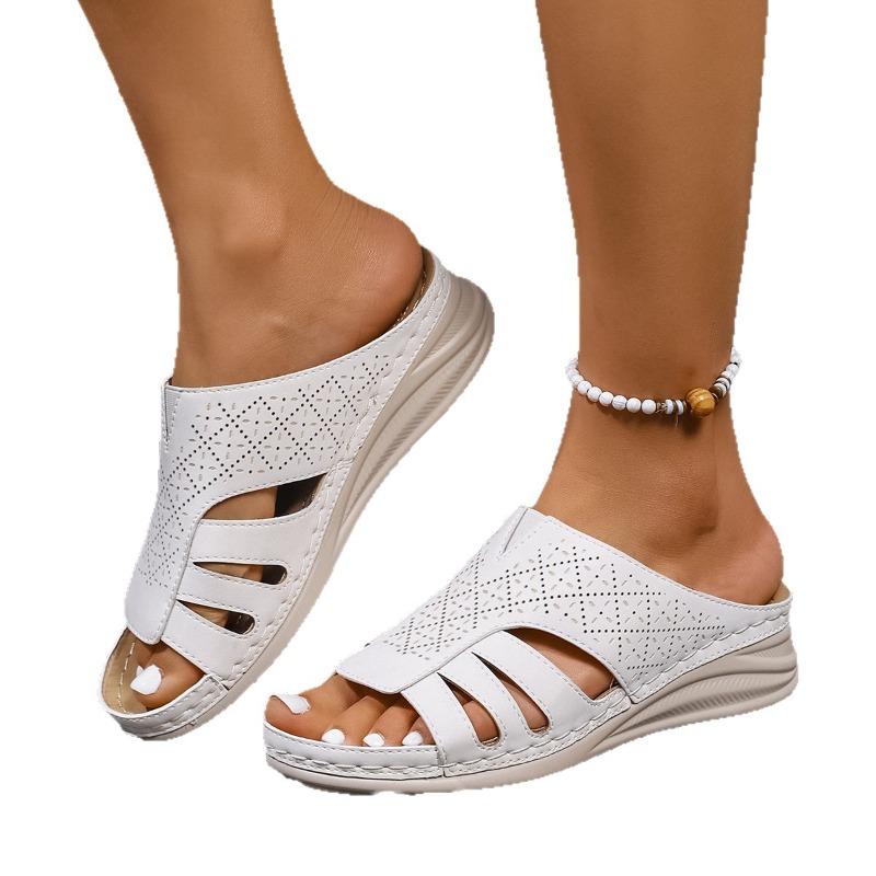 Damen T-Riemen Keilsandalen, Dicke Sohle mit Ziernähten und Hohldesign, Sommerliche Freizeit-Slipper, Weite Größe
