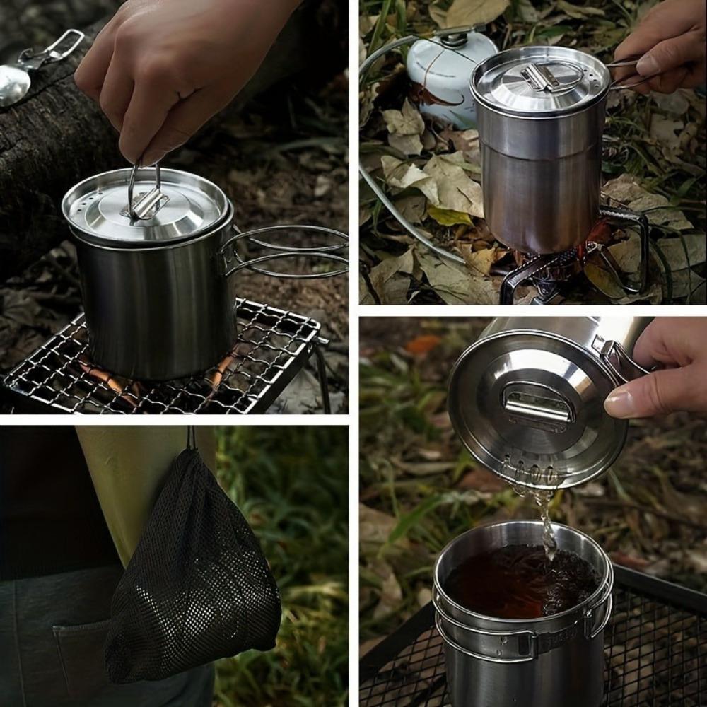 304 Stainless Steel Mug 2pcs Set, Folding Handle Coffee Cup, Outdoor Camping Portable Cookware Pot