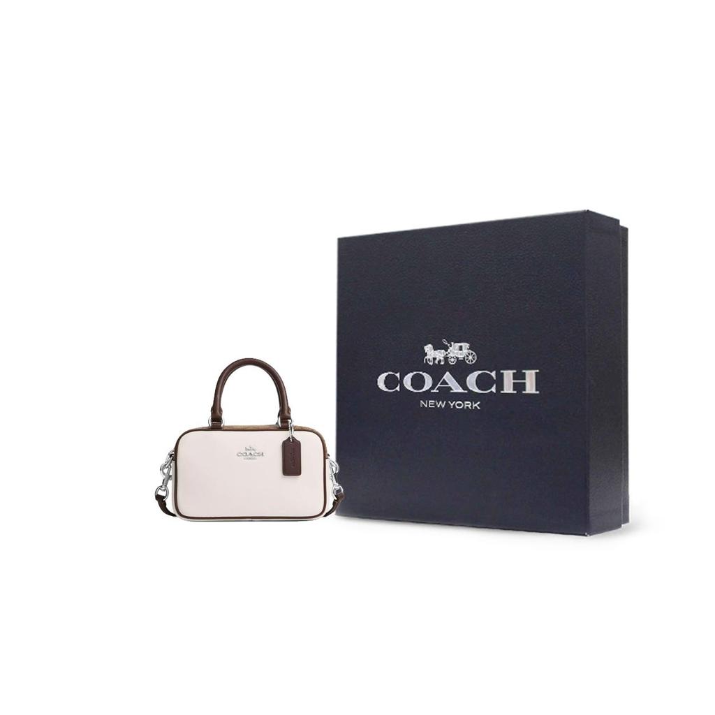 Coach Satchel 18 Logo Zip Closure Smooth Leather Coated Canvas Bowling Bag Shoulder Crossbody Handbag Small Women handbags CV704-SVCAH