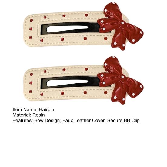 2Pcs Girl Hairpin Dot Embossed Bow Decor Faux Leather Cover Hair Clip Bangs BB Clip Hair Styling Tool Hair