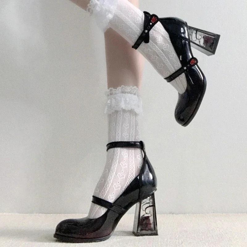 7CM Fashion Burgundy Platform Pumps Women High Heels Buckle Strap Mary Jane Shoes Lady Goth Heeled for Party 18 Girls' Gifts