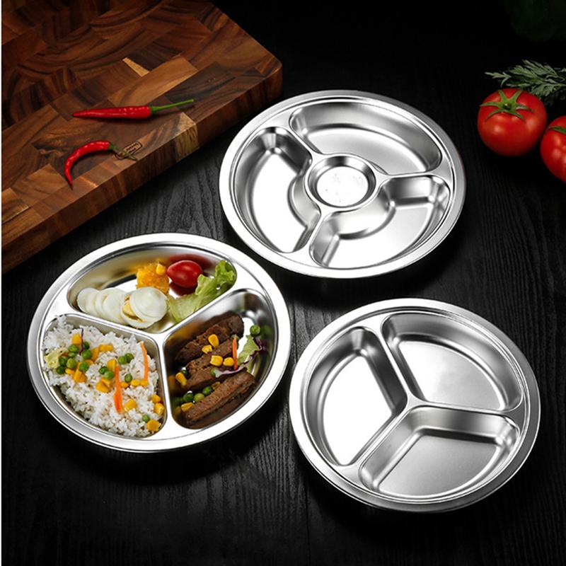 Stainless Steel Round Serving Tray Divided Food Dinner Plates Canteen Lunch Dishes Container Home Dinnerware