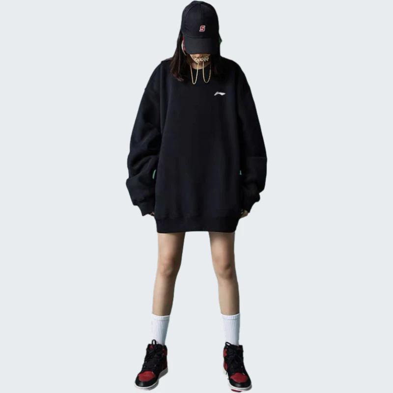 Lining Sports Fashion Series Logo Embossed Fleece Pullover Sweatshirt Unisex Tops Black AWDPD19-12