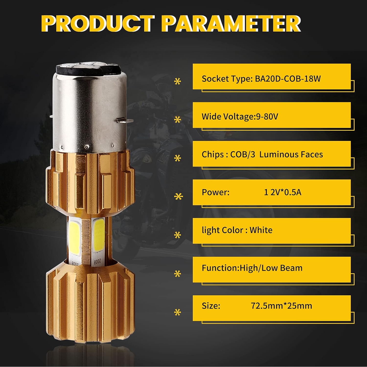 YM E-Bright BA20D Motorcycle bulb Lamp 3 COB 18W LED Bulbs High Low Beam White Pack of 2