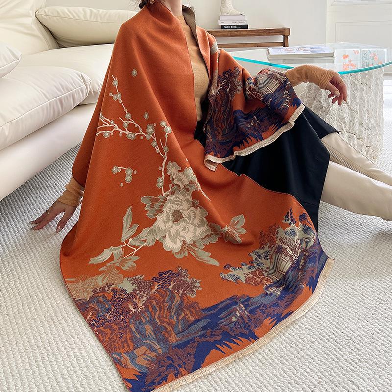 New Winter Imitation Cashmere Scarf for Women Literary  Light and Luxurious Style  Jiangnan Jacquard Scarf Plus Velvet Warm Shawl