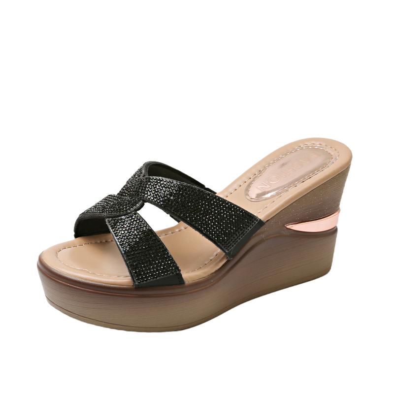 

Модные туфли на танкетке с открытым носком, с кристальной перекрестной отделкой и платформой, противоскользящие, износостойкие, на высоком каблуке, женские, летние, новые 40 чёрный