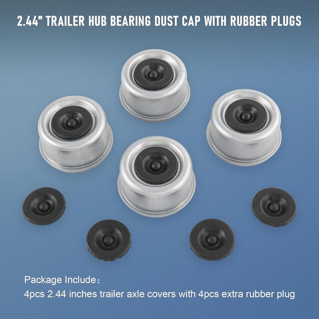 4PCS 2.44" Trailer Hub Bearing Dust Cap with Extra 4 Rubber Plugs, Trailer Axle Wheel Hub and Bearing Dust Caps for Most 5200 to 6000 Pound Axles