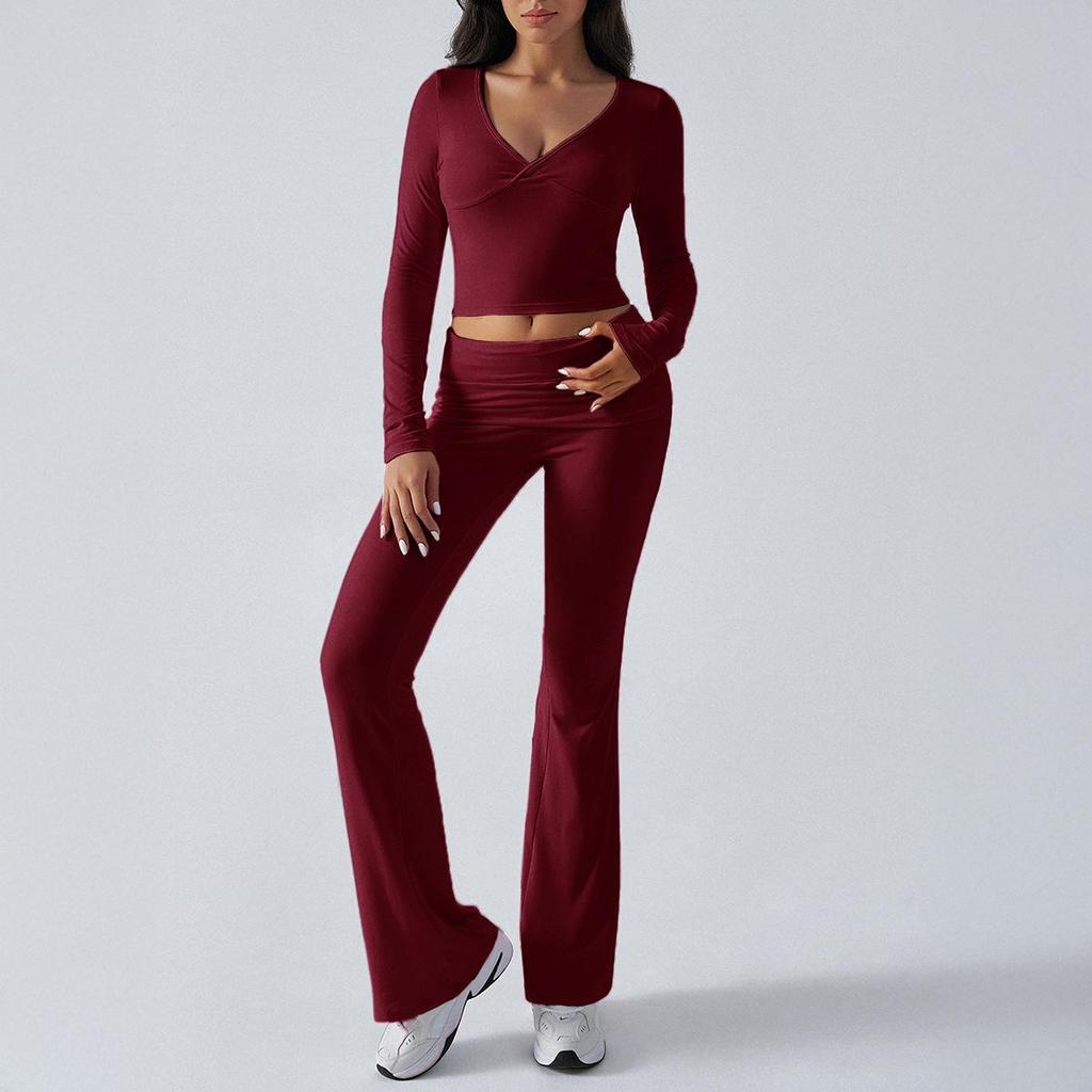 European-American Women's Casual Sports Slim Knit Two-Piece Set - Long Sleeve Top & Pants, Lazy Style.