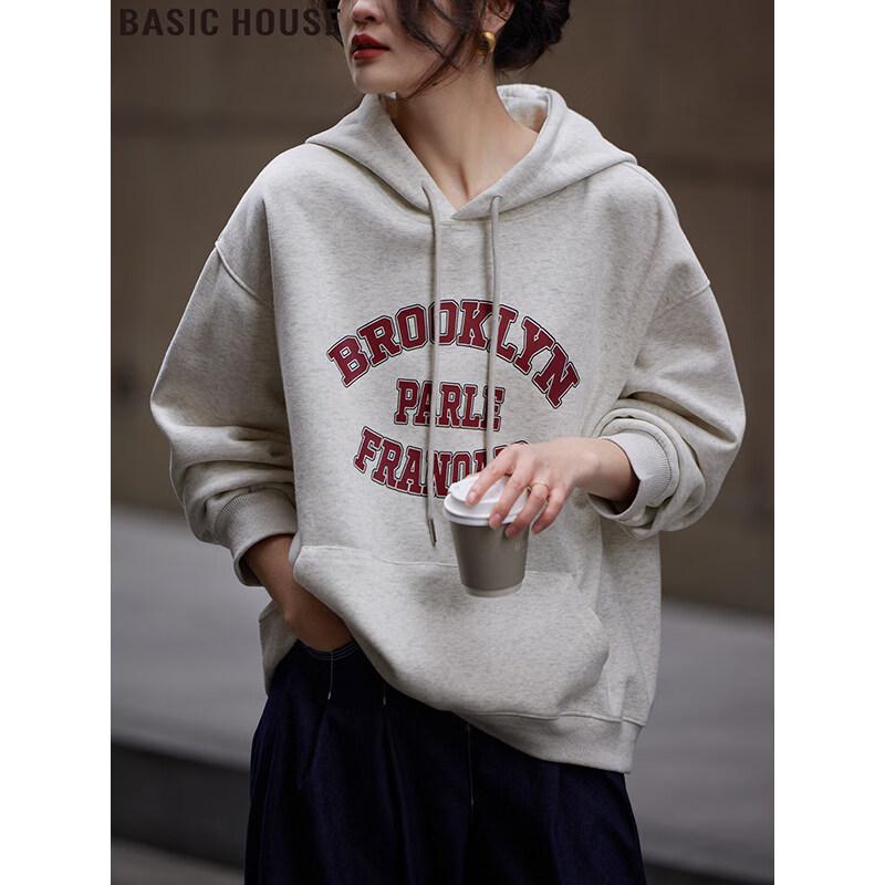 Basic House Women s Letter Print Hooded Sweatshirt L