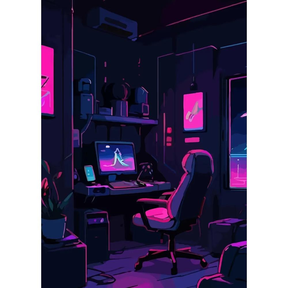 Retro-Futuristic Gaming Setup Posters Neon Lights Basket Ring Game Room Modern Prints Canvas Wall Picture Home Living Room Decor