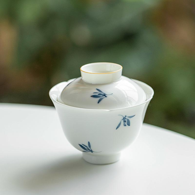 Pure hand-painted Phalaenopsis Ercai cover bowl retro underglaze color household ceramic Kung Fu tea set tea bowl teapot teacup