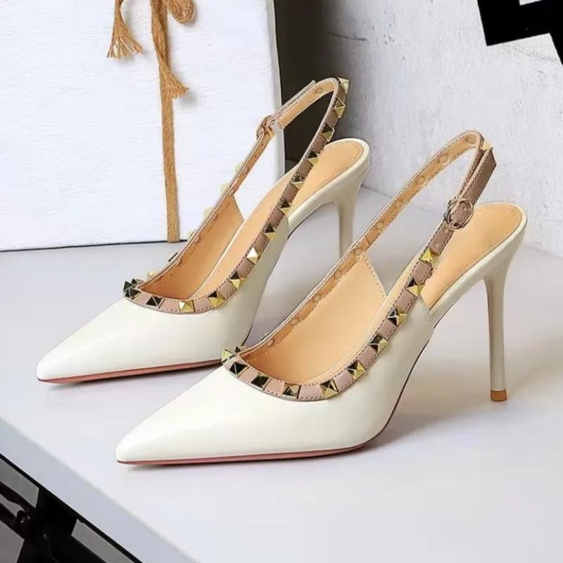 Fashion Spring Summer 2025 Studed Shallow Mouth Pointed Toe High Heels Stiletto Sandals Women