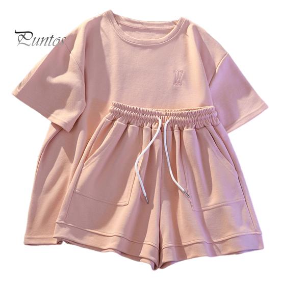 

2 шт./компл., женская футболка, шорты, костюм с круглым вырезом, однотонный, с короткими рукавами, топ с завязками, эластичная резинка на талии, свободные брюки, женский спортивный костюм, повседневная повседневная одежда M розовый