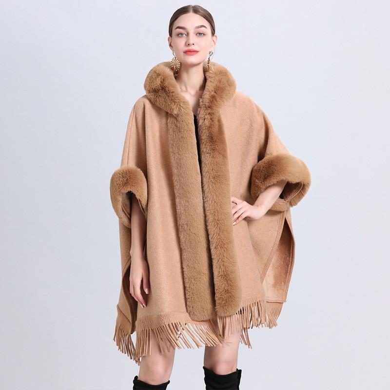 Womens Oversized Plaid Knit Cape Shawl With Fleece Lining Fur Trim Hooded Wrap Coat Winter