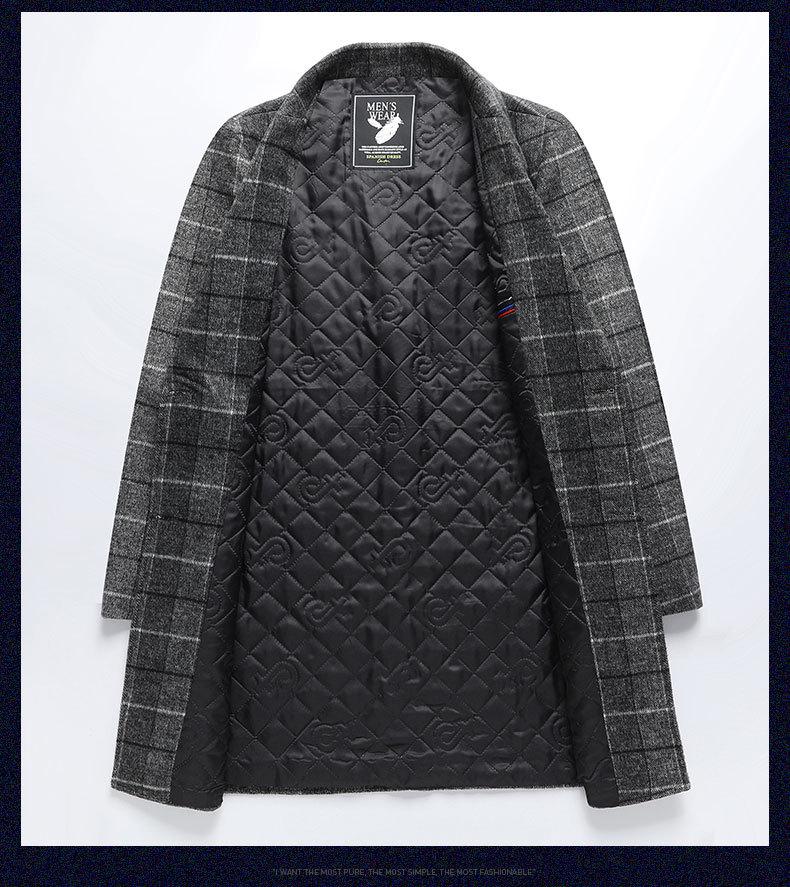 Pánský vlněný kostkovaný kabát střední délky pro podzim/zimu - Business Casual, s příměsí bavlny, zesílený.