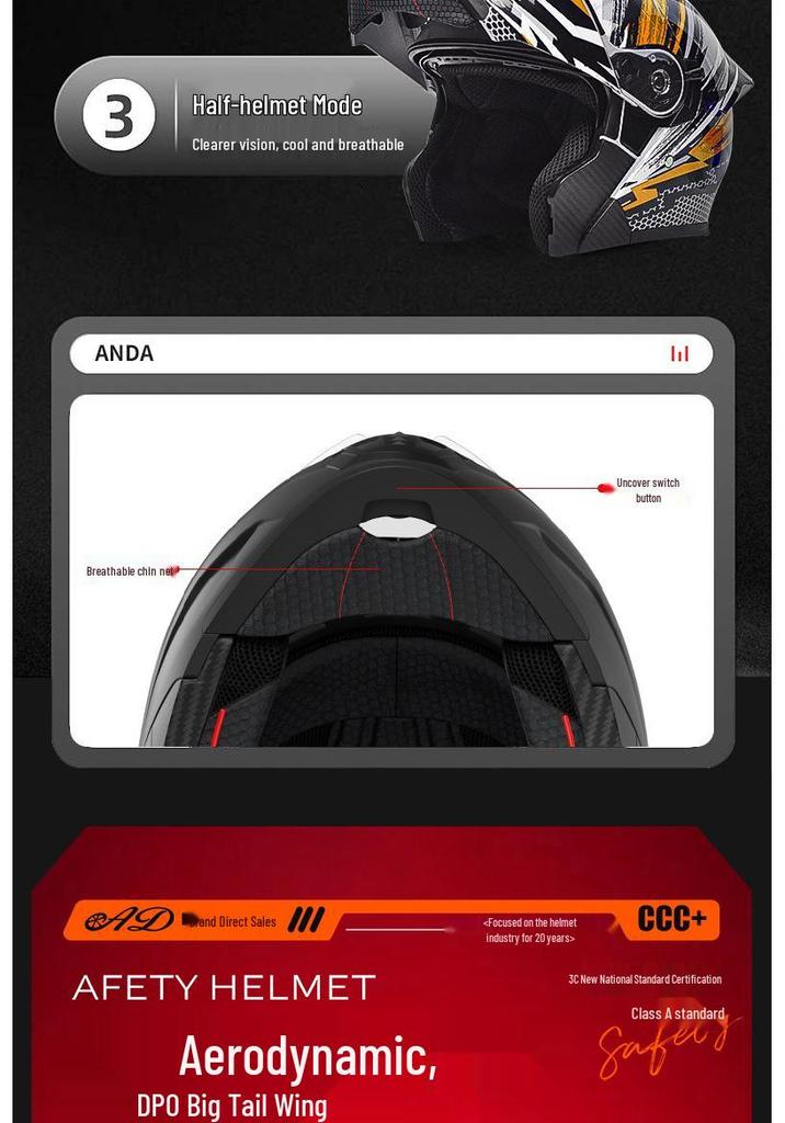 Unisex Full Face Flip-Up Motorcycle Helmet with LED Taillight, All-Season, 3C/DOT Certified