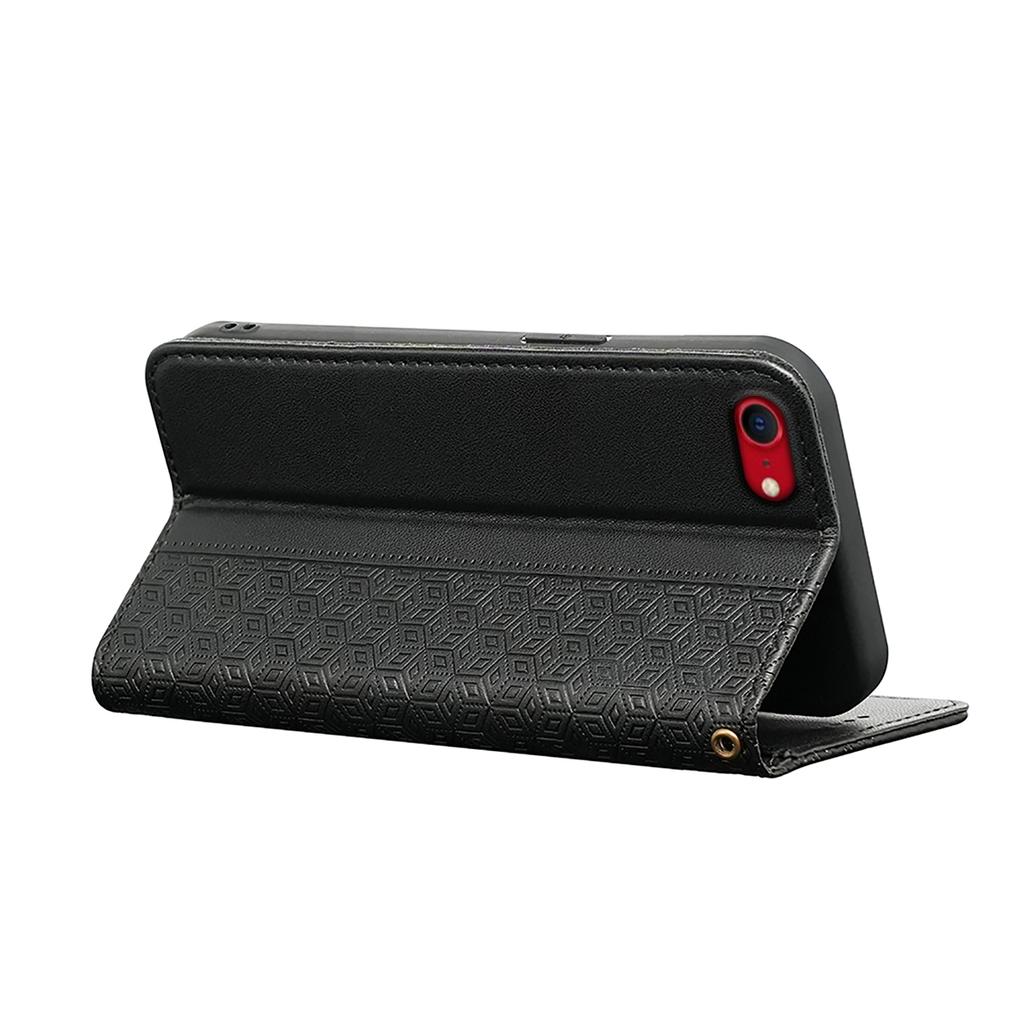 For iPhone 16e Wallet Phone Case Strong Magnetic Checkered Pattern Imprint Leather Flip Cover
