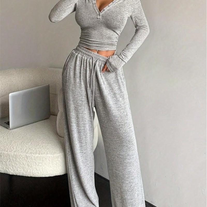 Women's Solid Color Long Sleeve Button-Up Top and Tight-Fitting Trousers Set - New Spring/Fall/Winter 2-Piece Outfit
