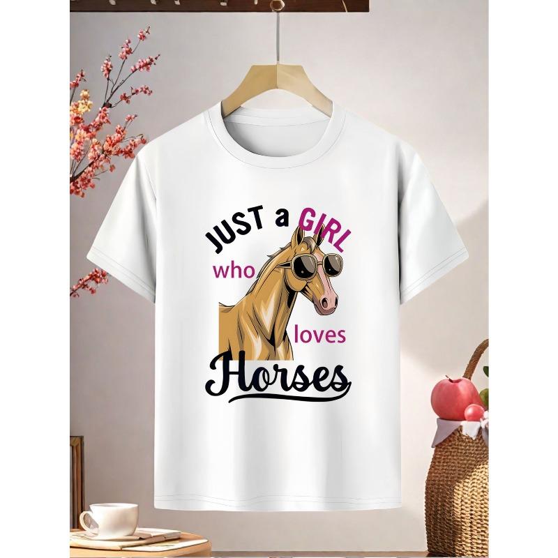 European sizes Cool And Stylish T-Shirt Featuring a Horse Wearing Glasses, Print with The Phrase 'JUST a GIRL Who Loves Horses'.
