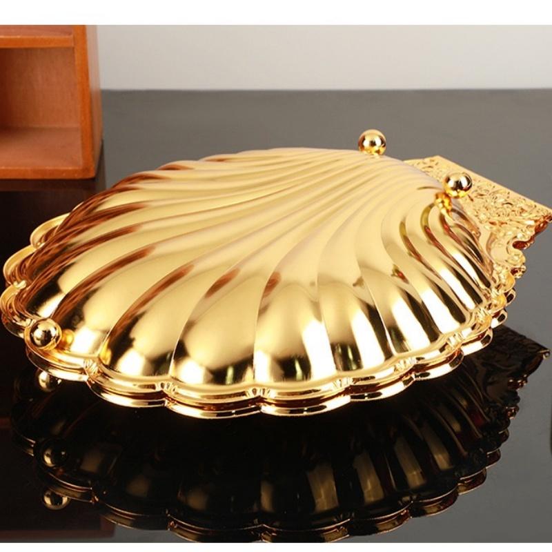 European Fruit Plate, Alloy Household Shell Shape Open Plate, Gold Niche Retro Snack Plate, Home Tabletop Living Room Decoration