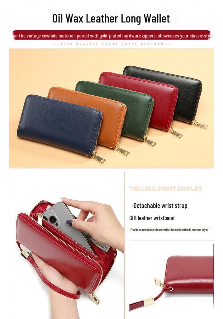 Women's Large Capacity Genuine Leather Wallet Clutch with Zipper Card Holder & Wrist Strap - Fashionable & Casual Style