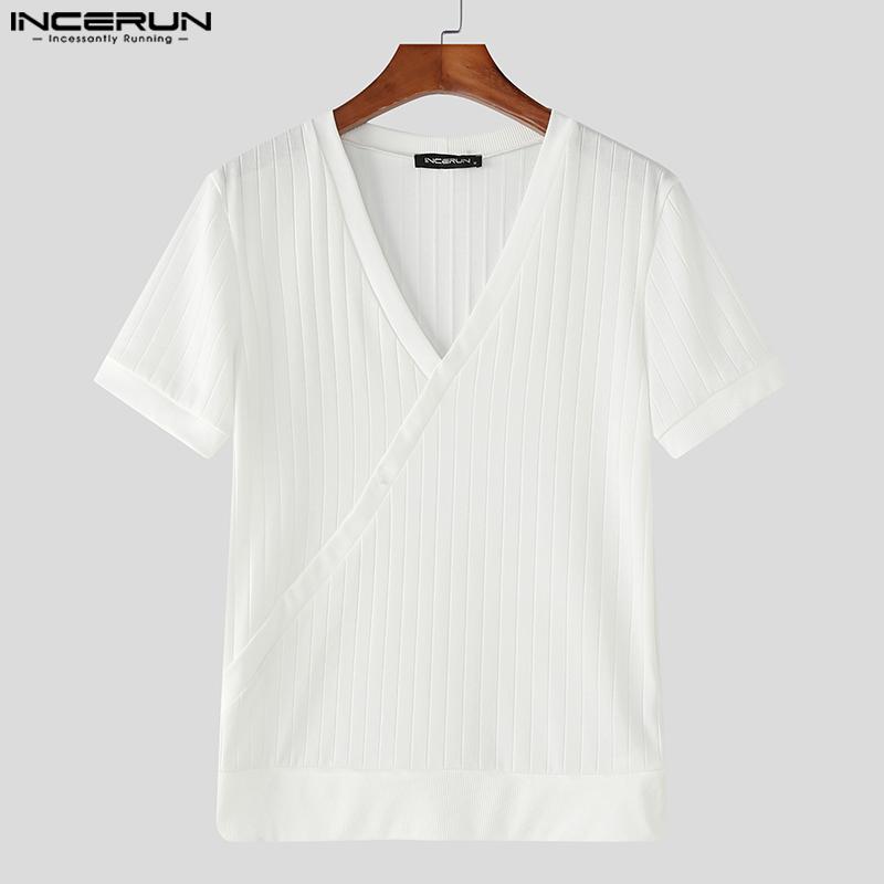 INCERUN Men V Neck Short Sleeve Solid Color Casual Fitted Rib T-shirts