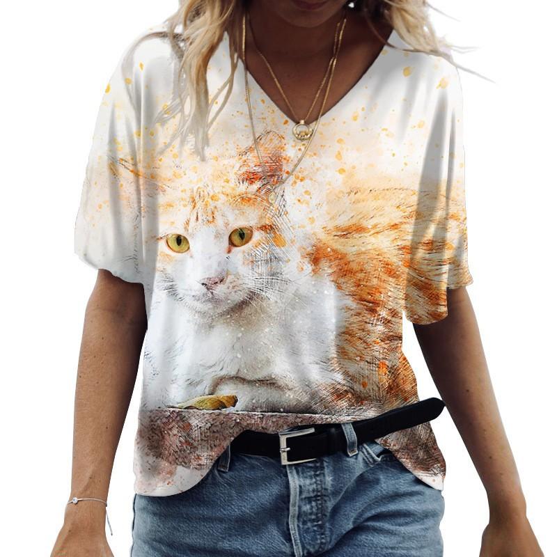 European and American Style Women's Clothing Casual V-neck Short-sleeved T-shirt D Digital Printing Source Wholesale