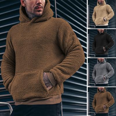 Fall Winter Men Hoodie with Pocket Hooded Long Sleeves Solid Color Fleece