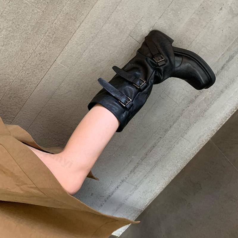 Mode Damen Ritterstiefel 2025 Herbst Winter Neue Mode Gürtelschnalle Halbhohe Stiefel Vintage Bequem Rutschfest Höhenerhöhende Schuhe