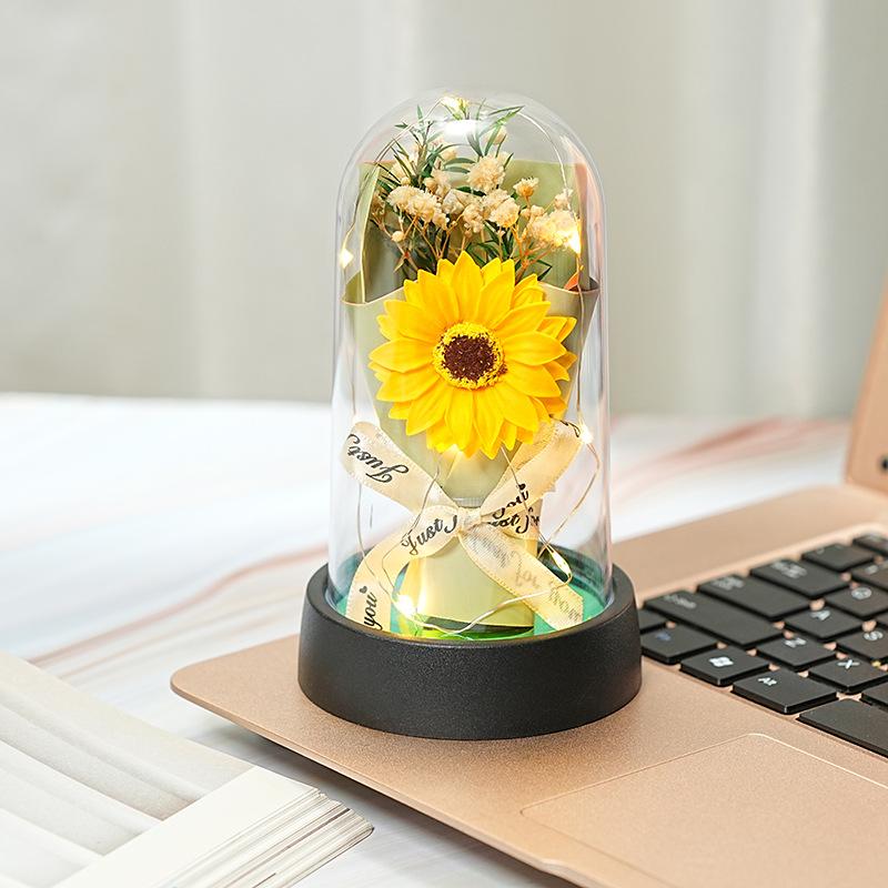 Handmade Artificial Flower Rose Sunflower Desktop Ornament with Led Lights Romantic Home Decor Gifts for Valentines Day Gift