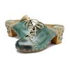 Johnature Genuine Leather Retro Outside Slippers Riveted Thick Heeled High Heels Slides Sandals Women Shoes