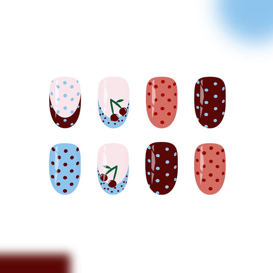 24Pcs Short Almond Press On Nails Autumn Winter Wine Red Wave Dot Cherry Blue French Tip False Nails