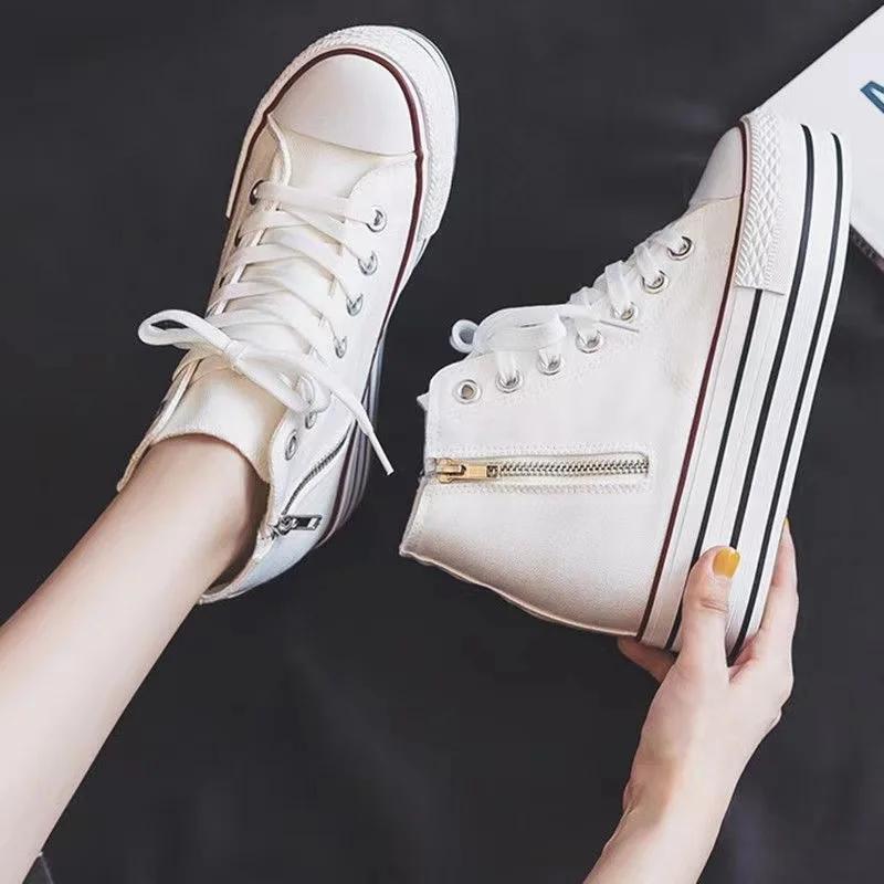 fashion Women's Canvas Shoes Inner Height Increase 2024 Summer Autumn New Style Zipper Skateboard Shoes Versatile Thick Bottom Clog