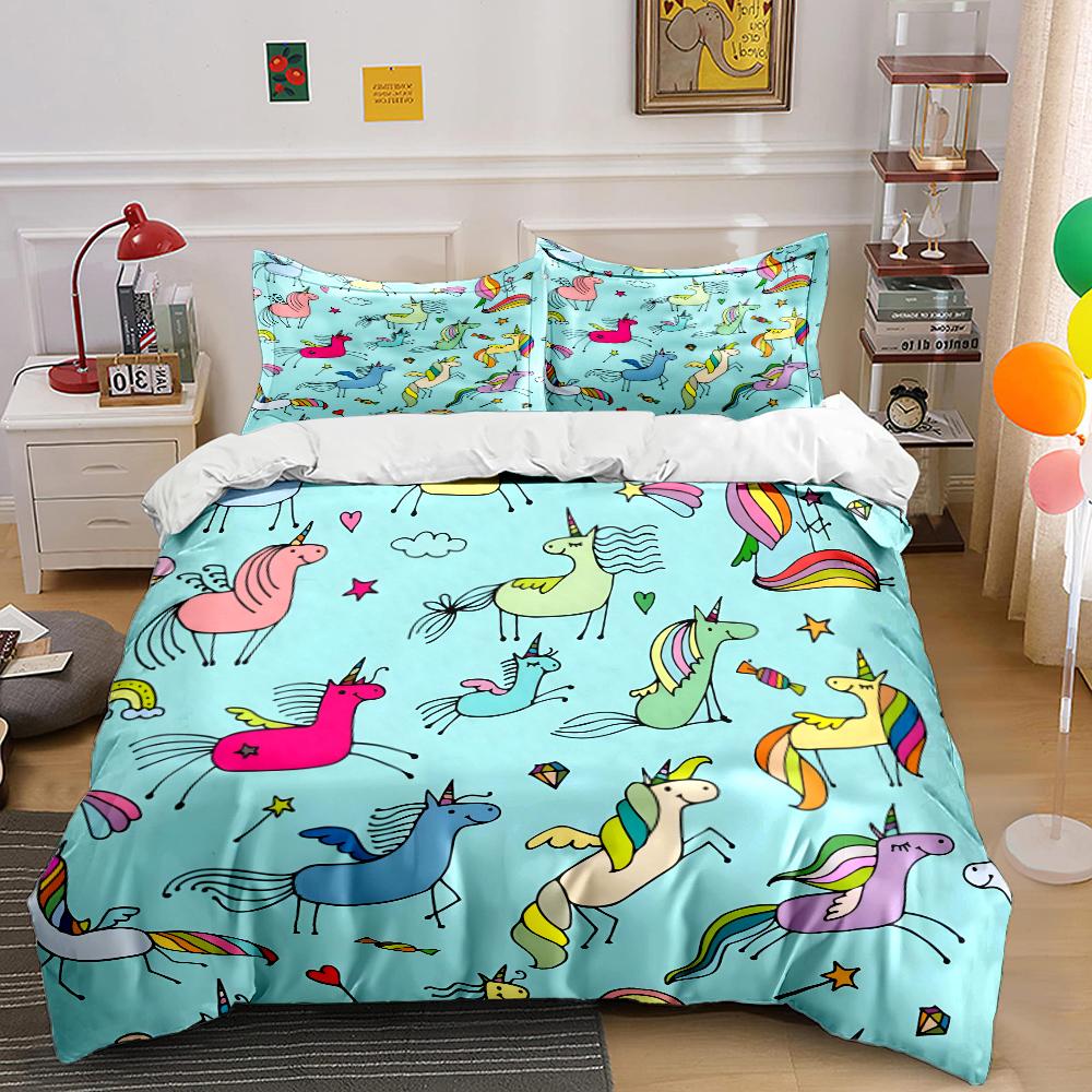 Fun Hand-drawn Unicorns Pattern Bedding Set for Kids Luxury Gift 3pcs Digital Print Comforter Set Soft Comfortable Breathable