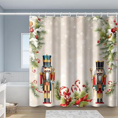 Shower Curtain: Festive Nutcrackers with Snowflakes and Pine Branches for a Holiday-Themed Bathroom Decor