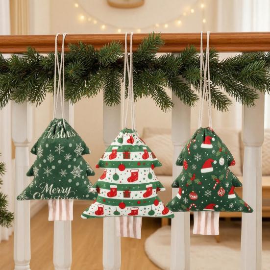 Christmas Tree Hanging Bags Shaped Drawstring Gift Bags, Xmas Treat Sacks, Holiday Pouches Candy Small Storage for Decorations Party Favors