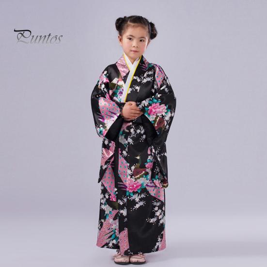 1 Set traditioneller Kimono-Pyjama für Mädchen, lebendige Farben, floraler Pfauendruck, einfach zu tragen, bequemer Kimono