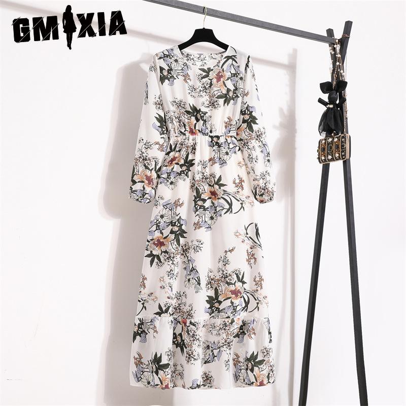 GMXIA 25 Colors Spring Women Maxi Dresses Casual Long Sleeve Floral Print O-Neck Ladies Long Dress Bohe Beach Party Mujer Vestidos Muslim Dress