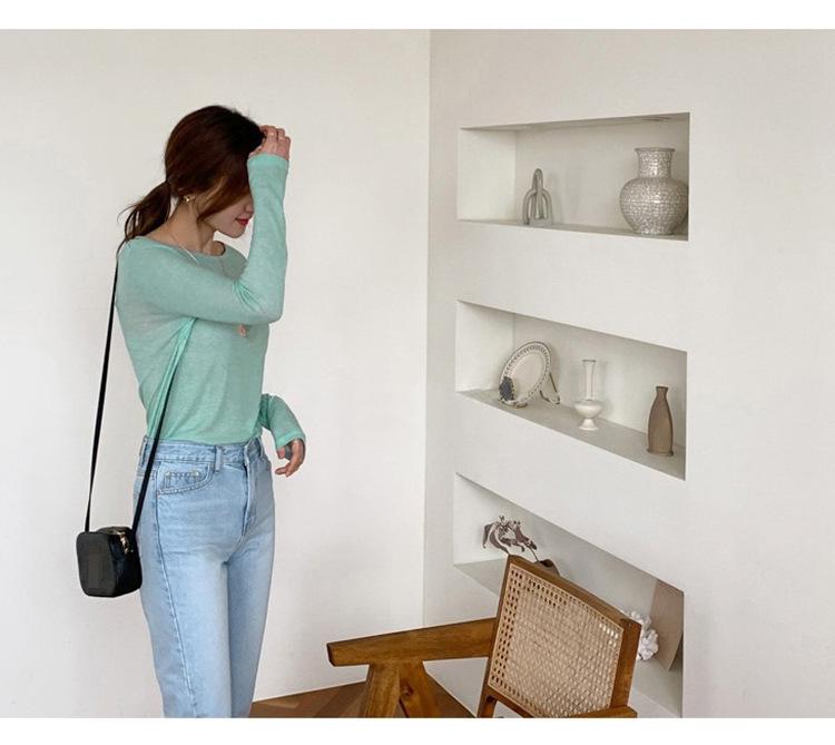 Women's Refreshing Mint Green Sheer Long-Sleeve Round Neck T-Shirt with Same-Day Shipping