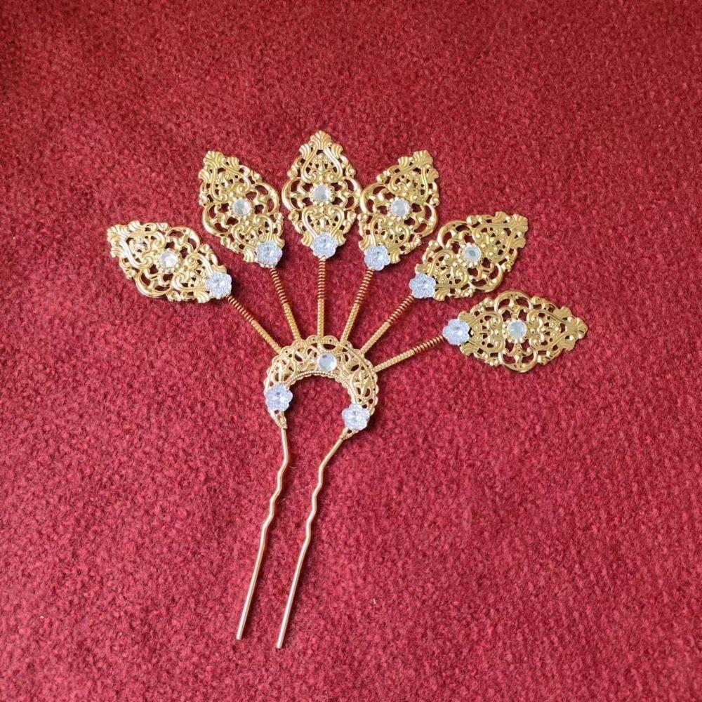 Gold Thai Hair Sticks Flower U-shaped Hair Fork Vintage Thai Metal Leaves Hairpin  Women