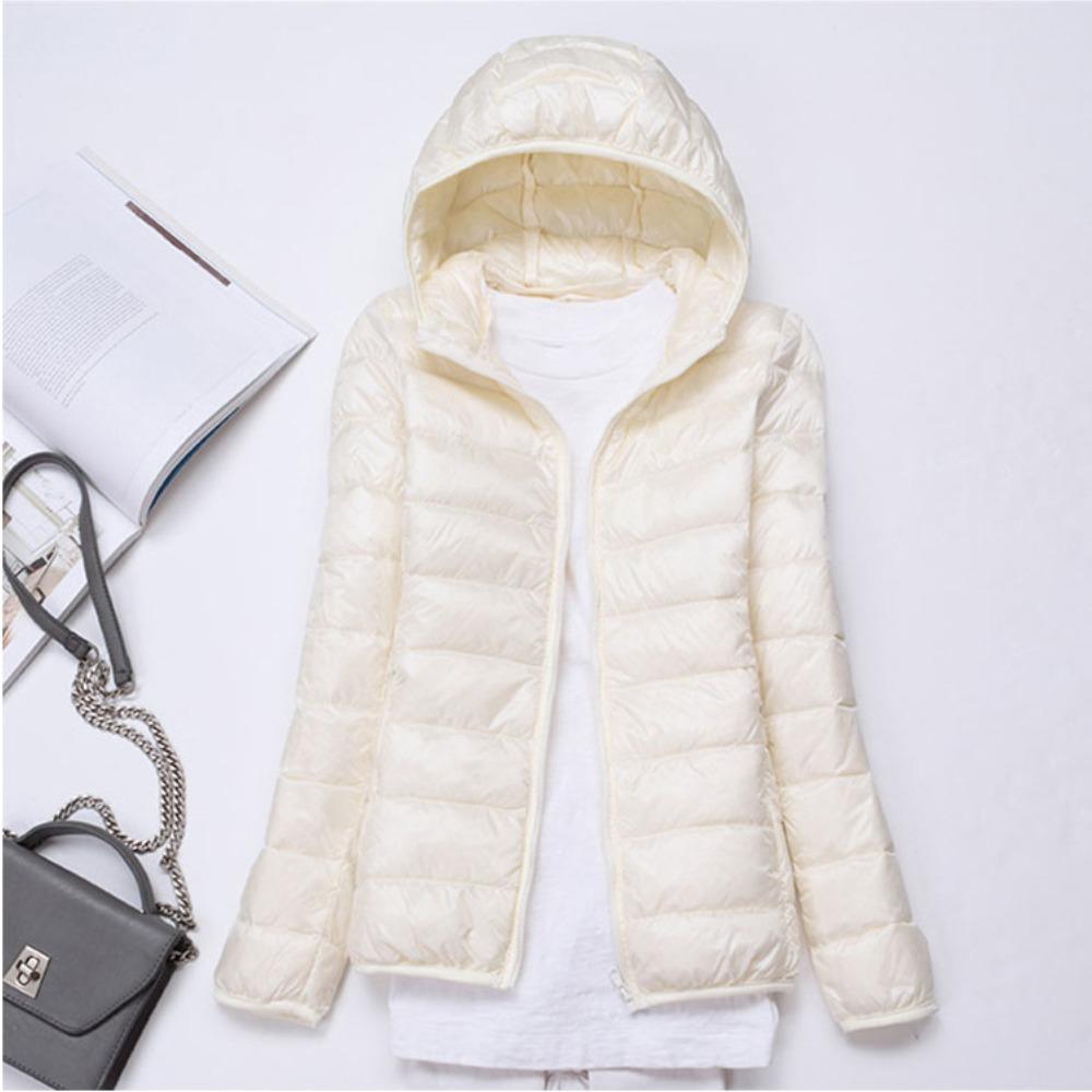 Women's Hooded Long Sleeve Puffer Jacket Slim Fit Lightweight White Duck Down Winter Coat