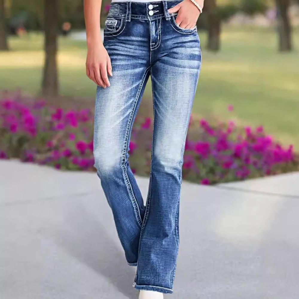 Women's Double Button High Waist Flared Jeans Stretch Washed Denim Bootcut Pants Vintage Casual Long Denim Trousers