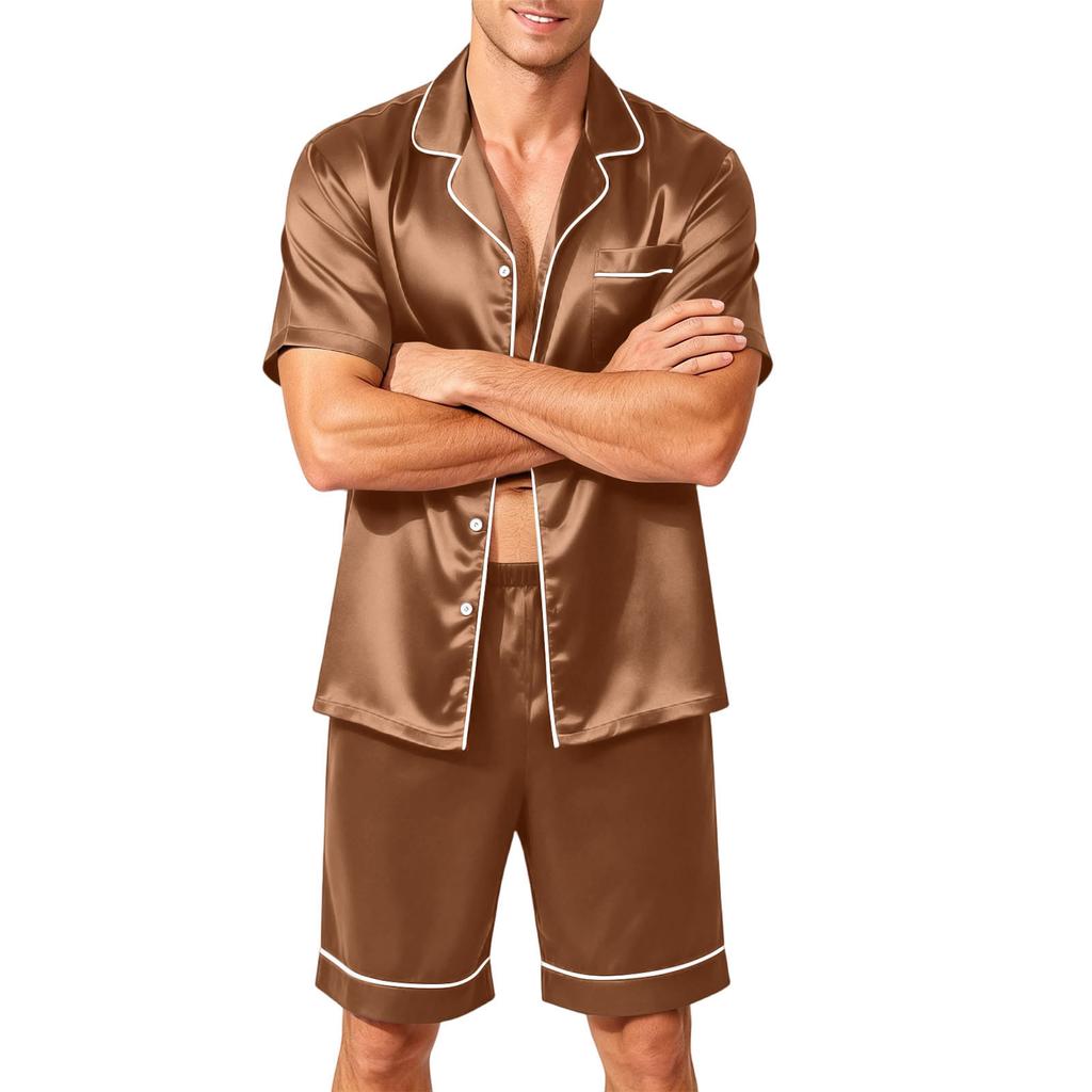 Men's Short Sleeve Button Down Pajama Set with Sleep Shorts Soft Casual Two-Piece Nightwear for Home Size S-4XL
