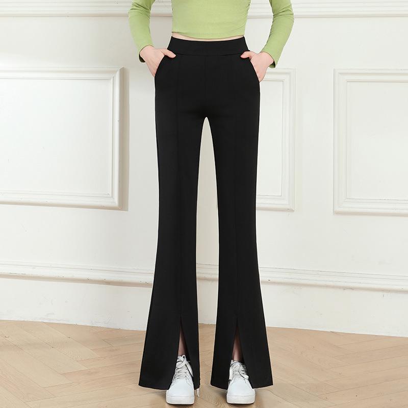 2025 Spring & Fall Women's High Waist Black Flared Pants - Slimming, Elastic, Four-Way Stretch, Long Slit Design