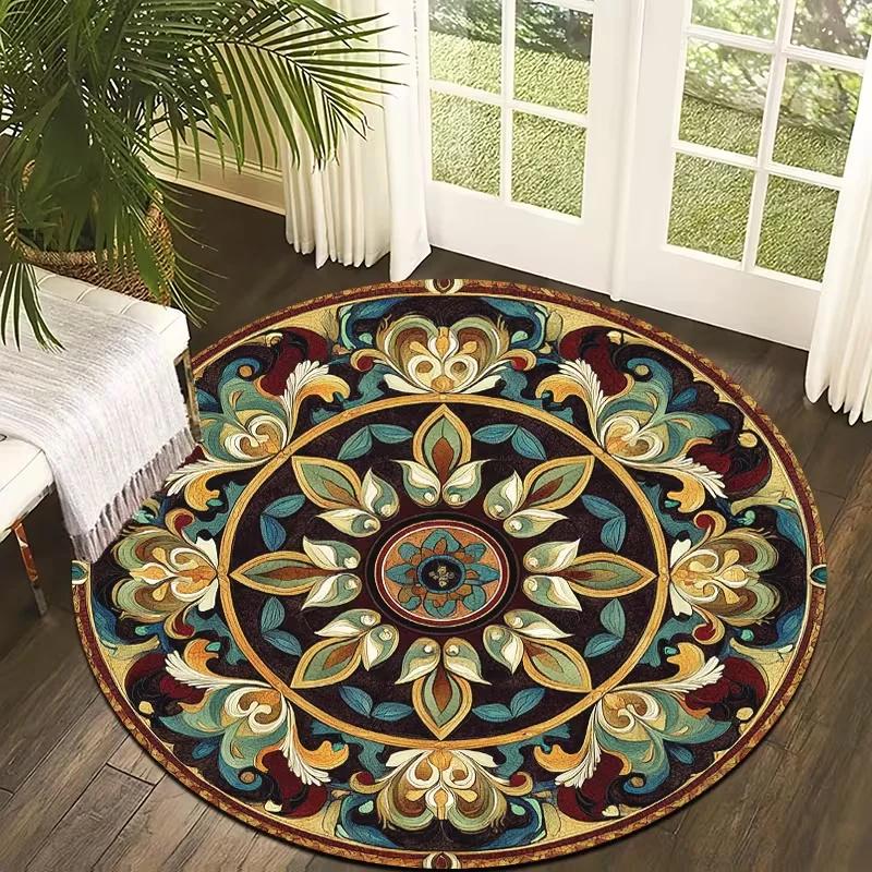 Farmhouse Bohemian Floral Round Rug Vintage Botanical Kaleidoscope Print Non Slip Circular Mat for Living Room Bedroom