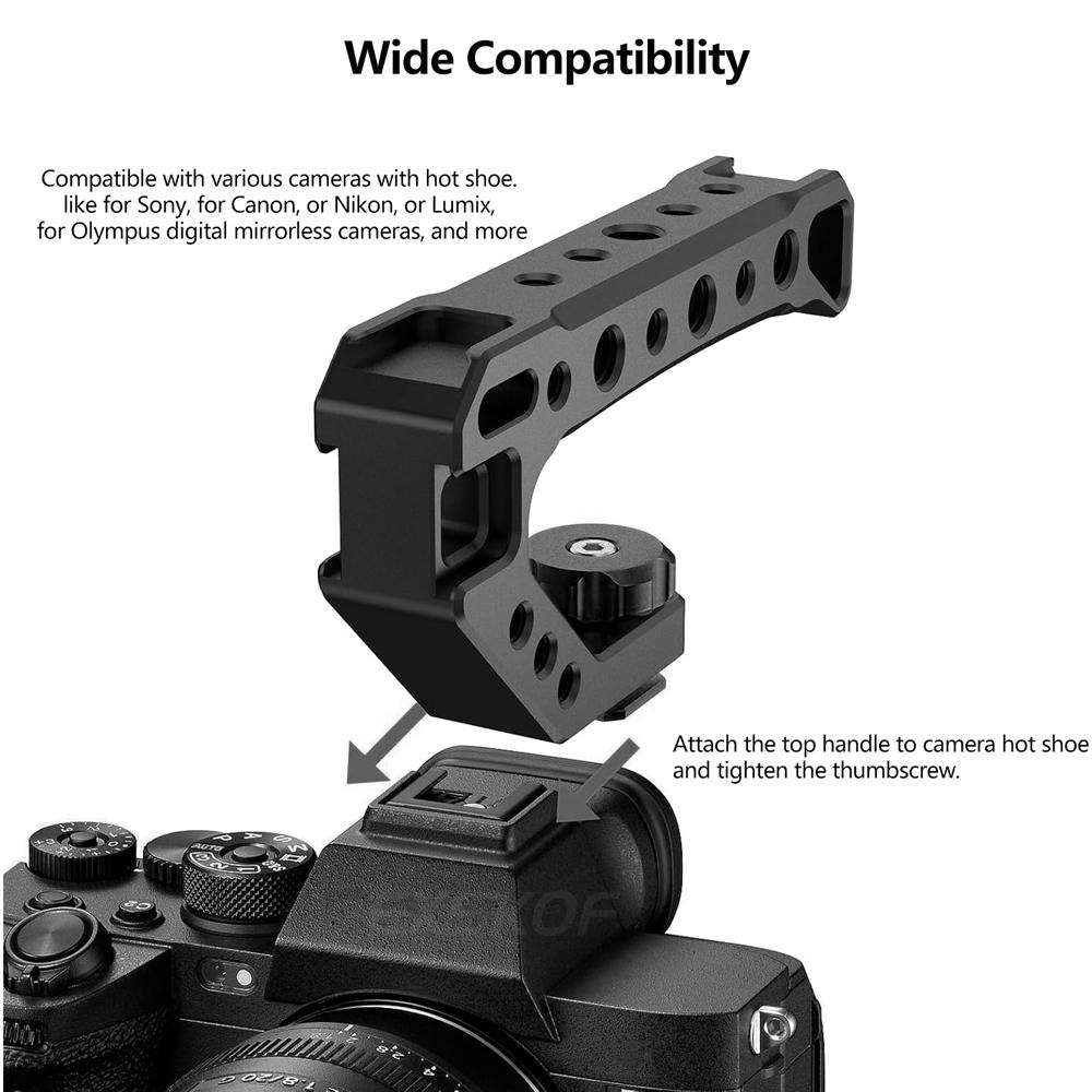 Top Handle Grip Universal Aluminium Alloy Handgrip Holder with Cold Shoe Mount 1/4" & 3/8" Holes for DSLR Camera Cage Microphone