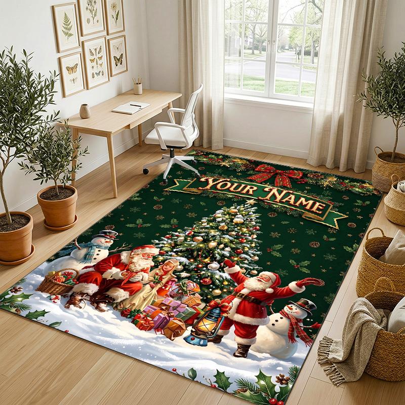 Christmas Theme Crystal Velvet Rug Personalized Custom Name Text Soft Floor Mat Home Decor