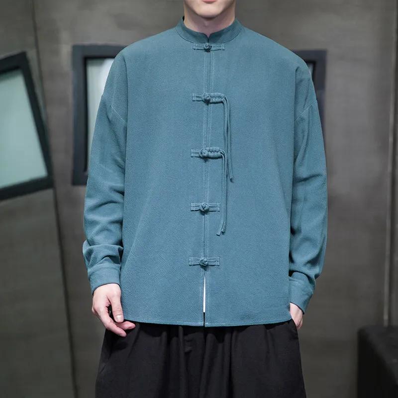 Chinese Style Cotton Linen Shirts Men Loose Fit Long Sleeve Shirt Retro Unique Frog Button Shirt Casual Breathable Blouse