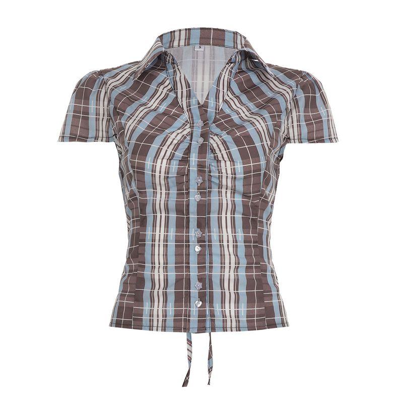 

European and American Women s Clothing American Retro Contrast Color Check Breasted Shirt Ruched Fitted Waist Turn-down Collar Short Sleeve Sexy Tops Blue L