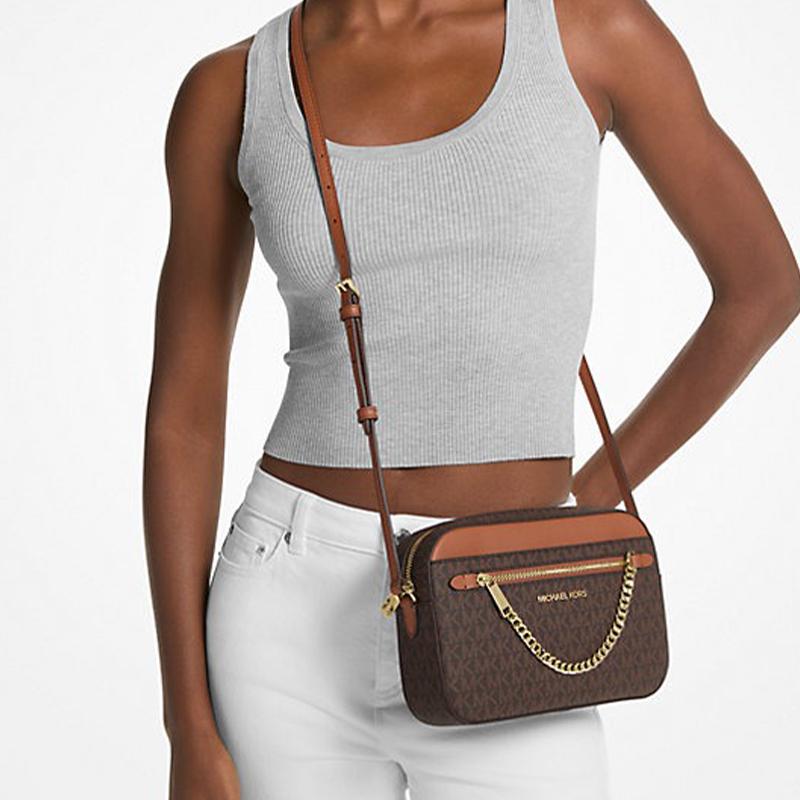 Michael Kors Mk Jet Set Monogram Logo Chain PVC Leather Camera Bag Women Shoulder Bag Caramel Acorn 35S1GTTC9B-BROWN